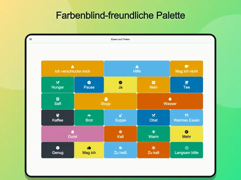 Essens- und Getränke-Board mit großen farbigen Buttons in Talking Buttons auf dem iPad