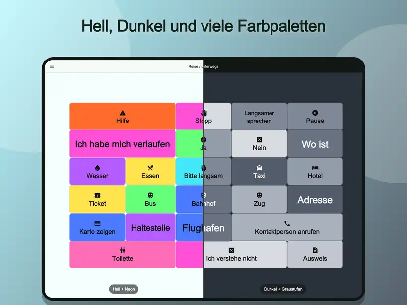 Reise-Board in Talking Buttons mit großen Buttons und mehreren Darstellungsvarianten auf dem iPad