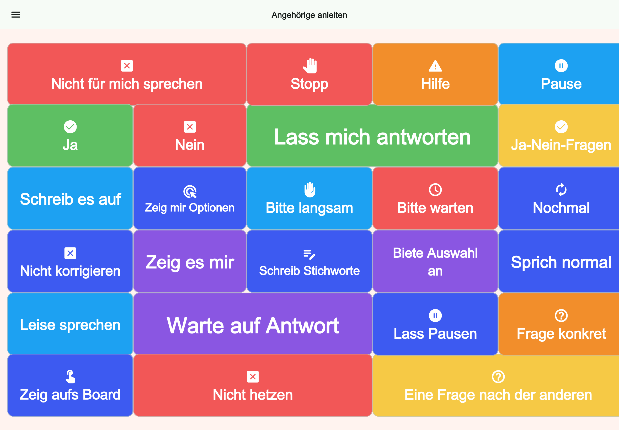 Große Tablet-Vorschau des Boards Angehörige anleiten in Talking Buttons
