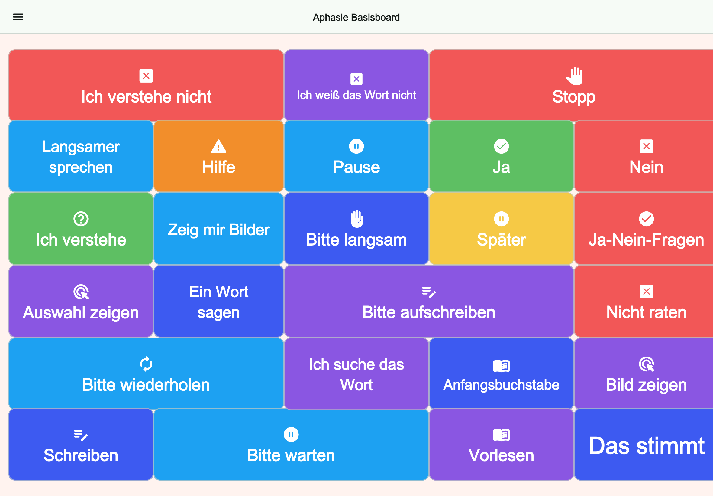 Große Tablet-Vorschau des Boards Aphasie Basisboard in Talking Buttons