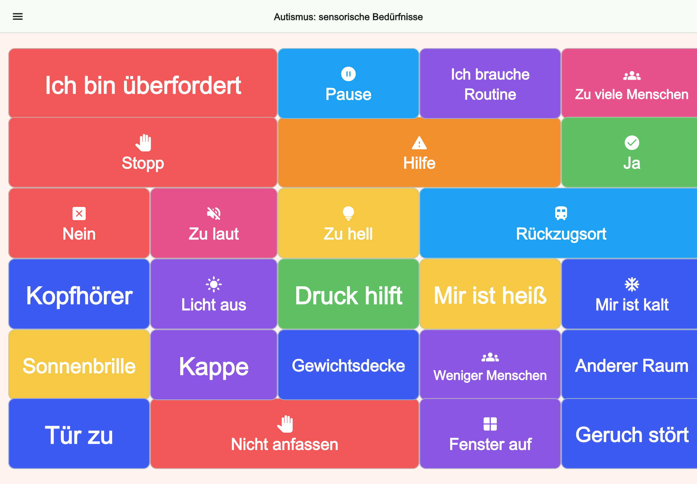 Große Tablet-Vorschau des Boards Autismus: sensorische Bedürfnisse in Talking Buttons