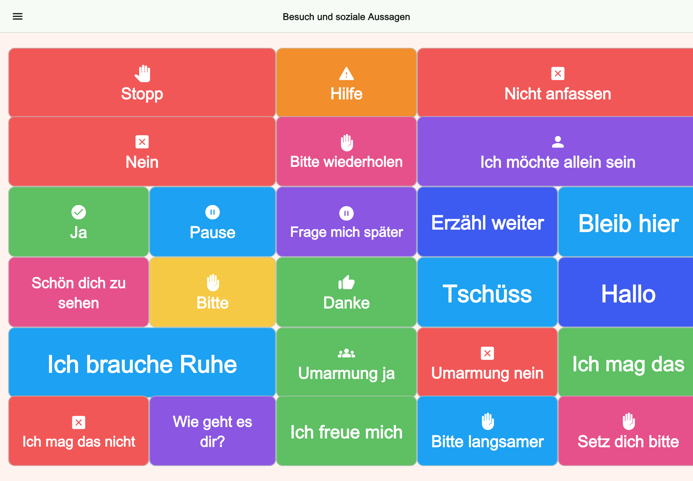 Große Tablet-Vorschau des Boards Besuch und soziale Aussagen in Talking Buttons