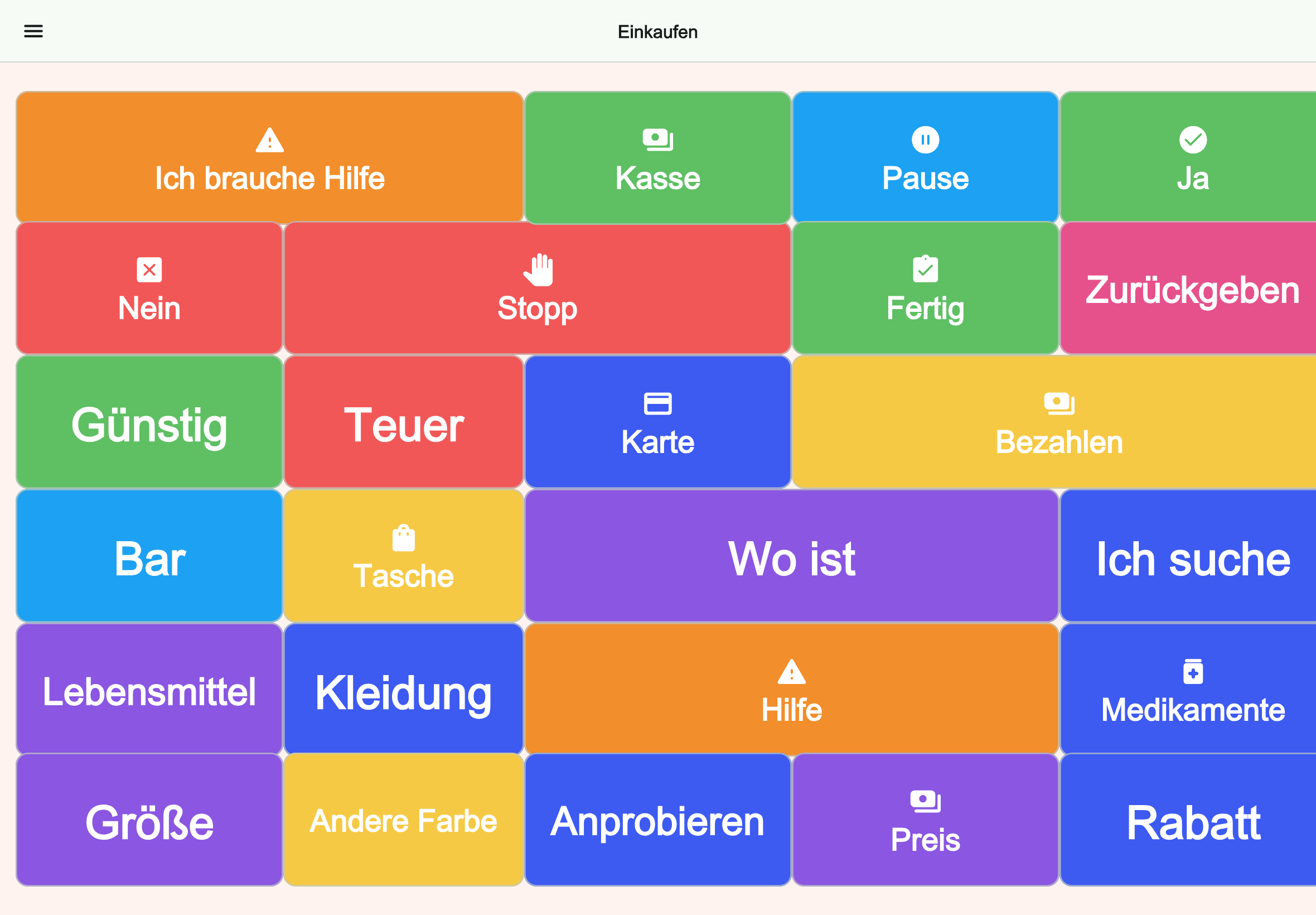 Große Tablet-Vorschau des Boards Einkaufen in Talking Buttons