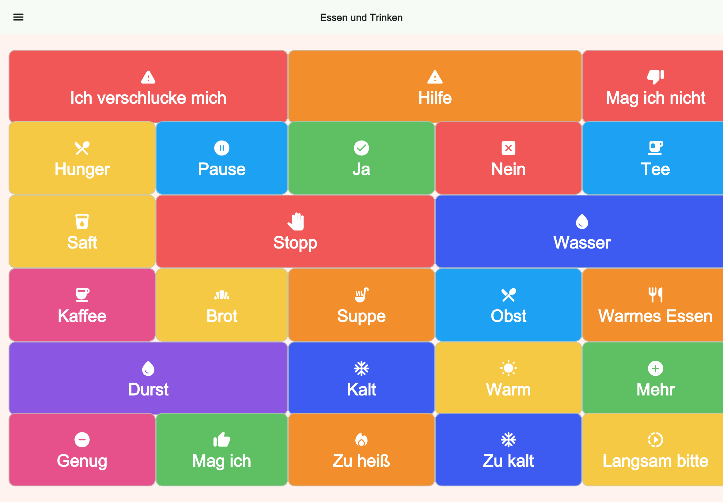 Große Tablet-Vorschau des Boards Essen und Trinken in Talking Buttons