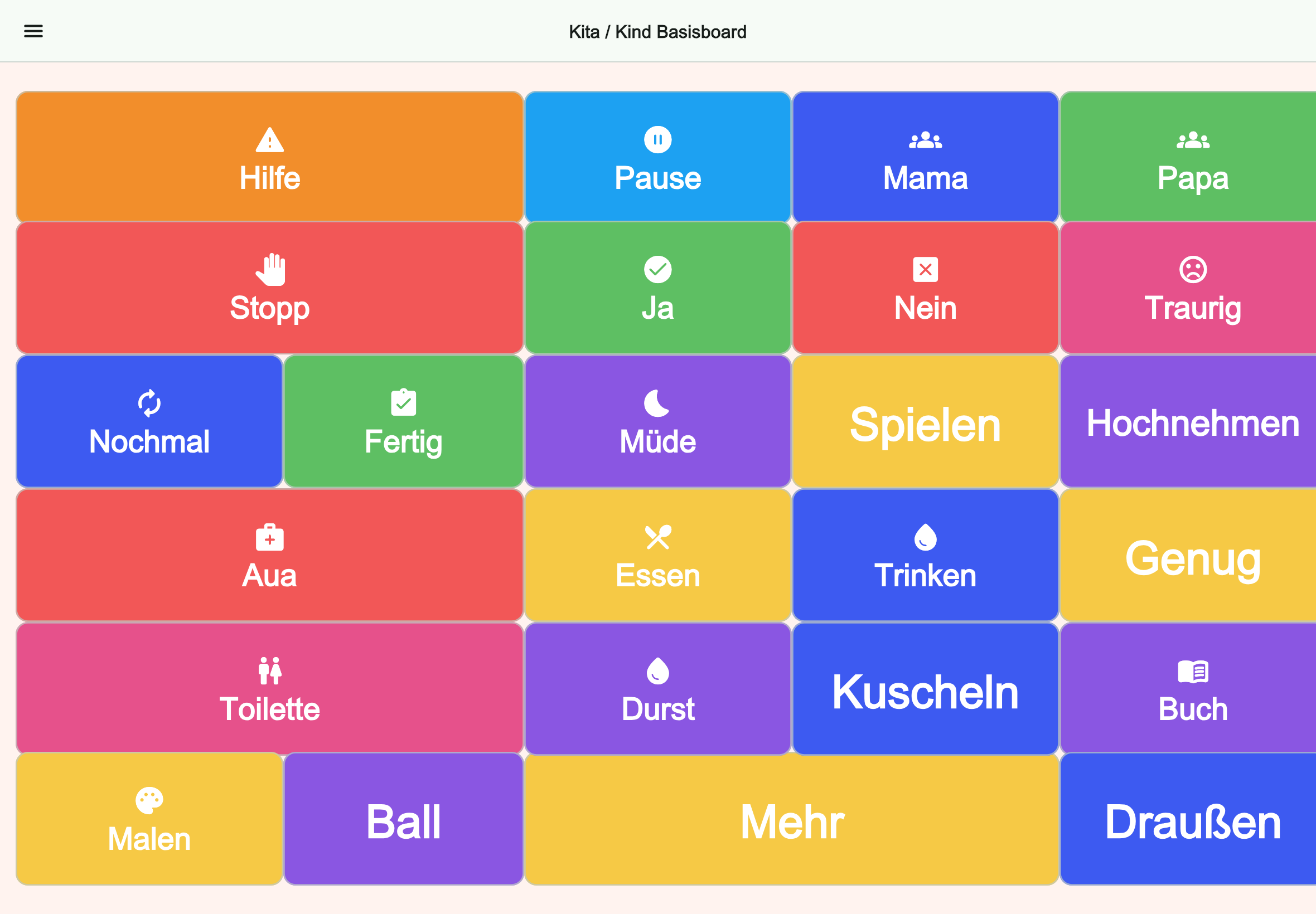 Große Tablet-Vorschau des Boards Kita / Kind Basisboard in Talking Buttons