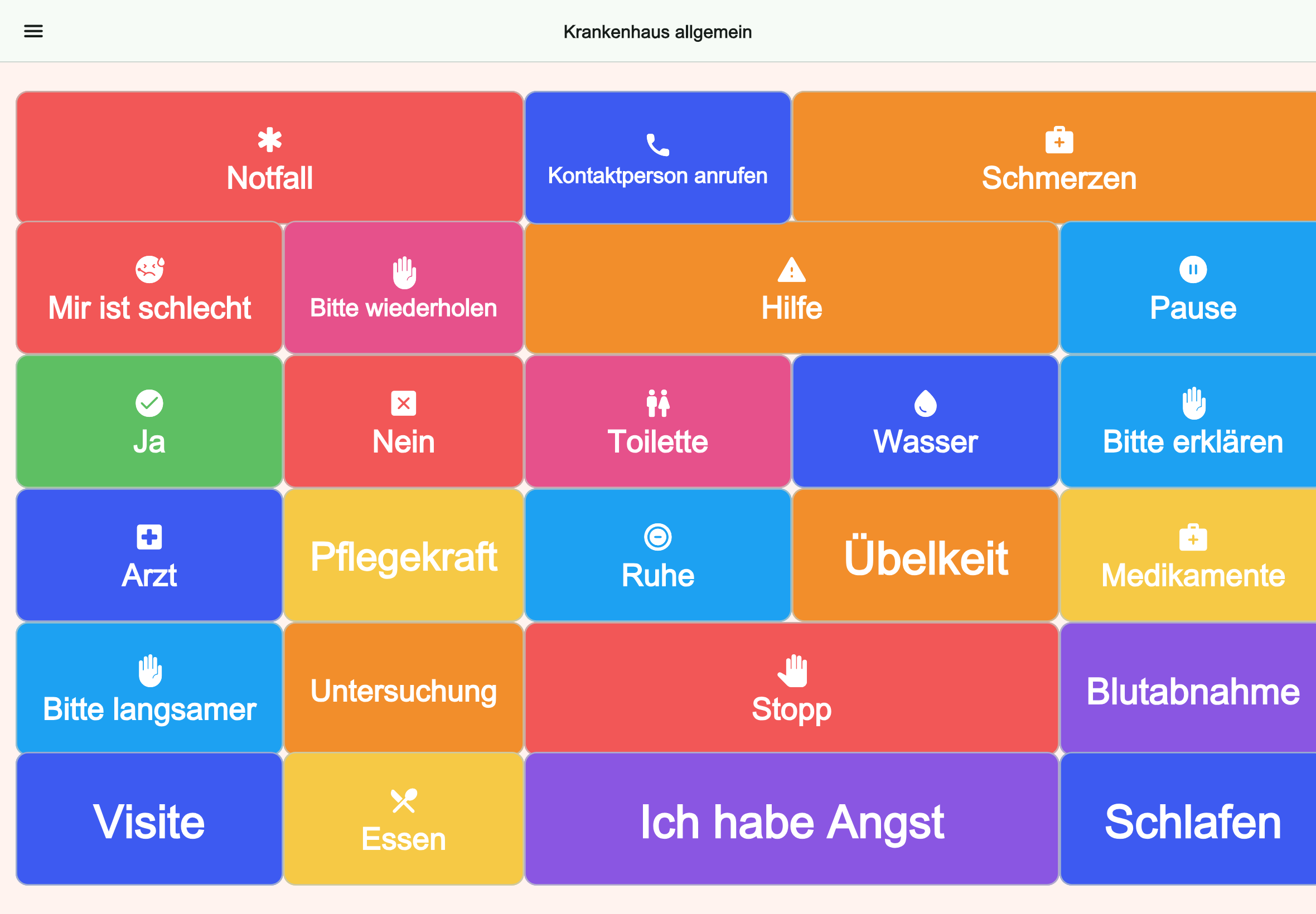 Große Tablet-Vorschau des Boards Krankenhaus allgemein in Talking Buttons