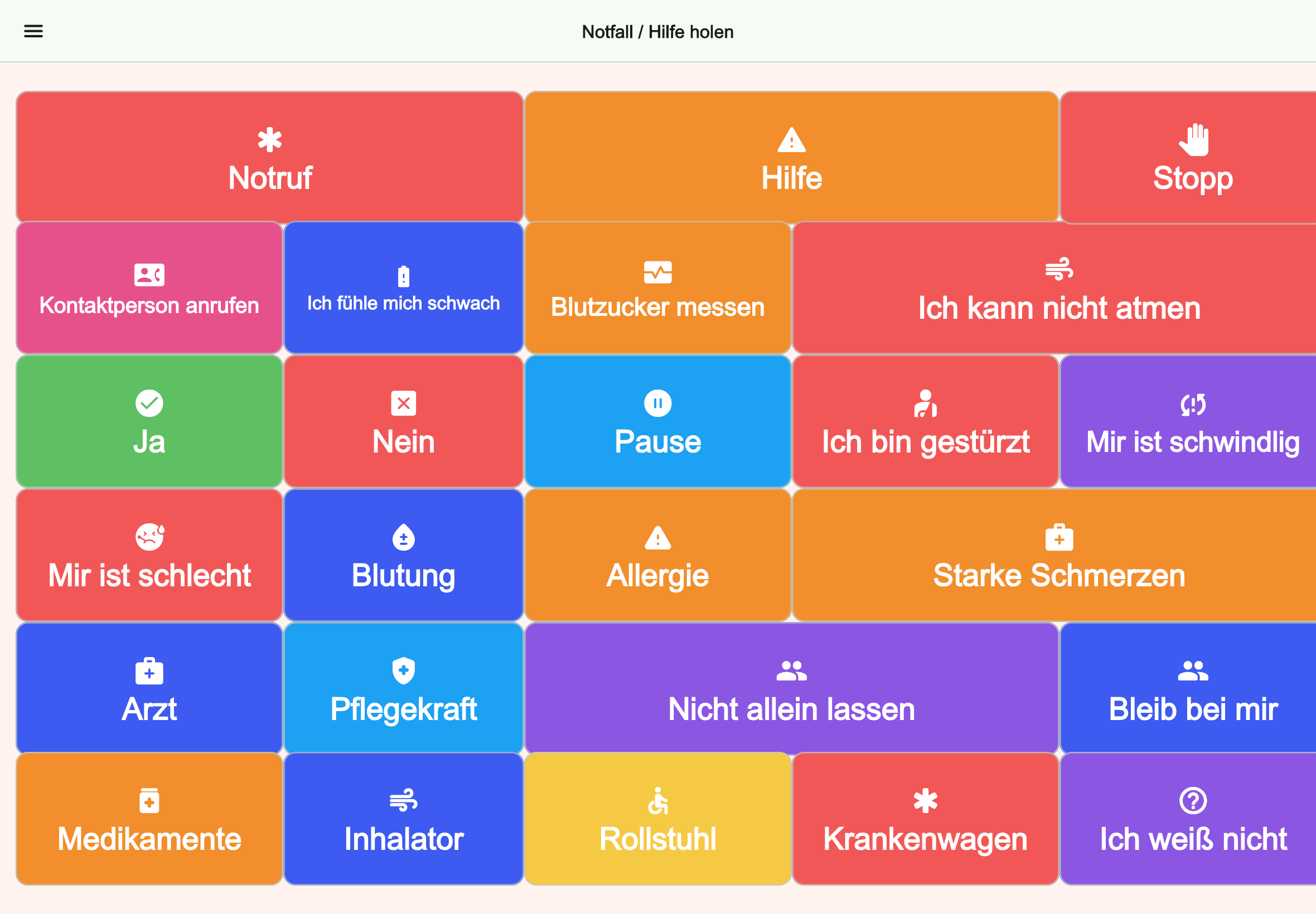 Große Tablet-Vorschau des Boards Notfall / Hilfe holen in Talking Buttons