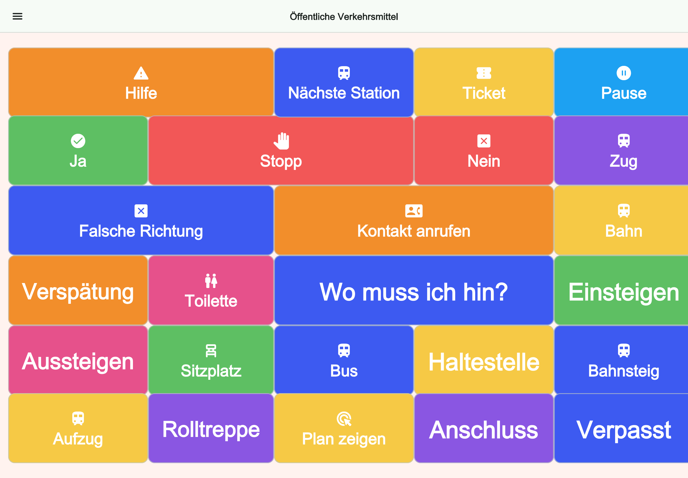 Große Tablet-Vorschau des Boards Öffentliche Verkehrsmittel in Talking Buttons