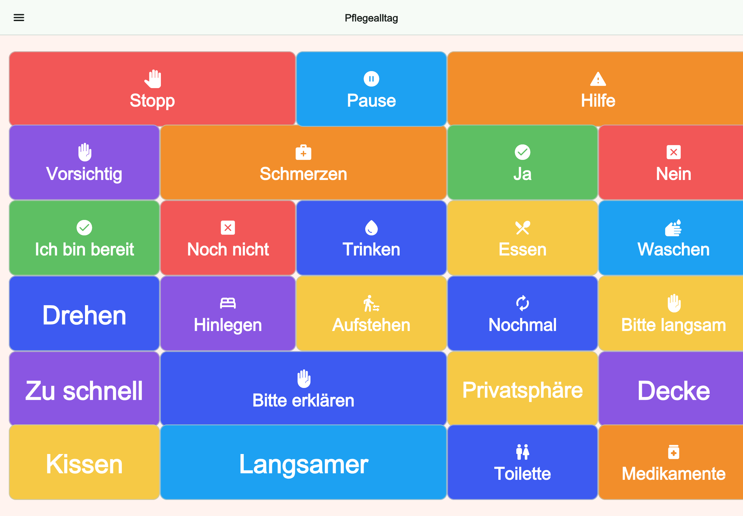 Große Tablet-Vorschau des Boards Pflegealltag in Talking Buttons