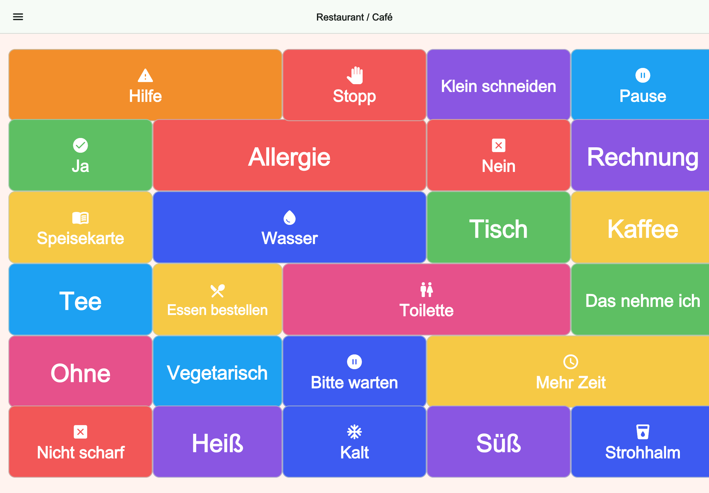 Große Tablet-Vorschau des Boards Restaurant / Café in Talking Buttons
