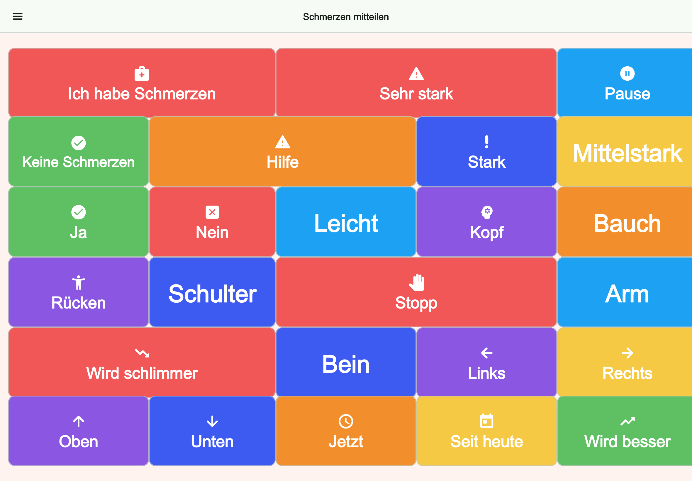 Große Tablet-Vorschau des Boards Schmerzen mitteilen in Talking Buttons