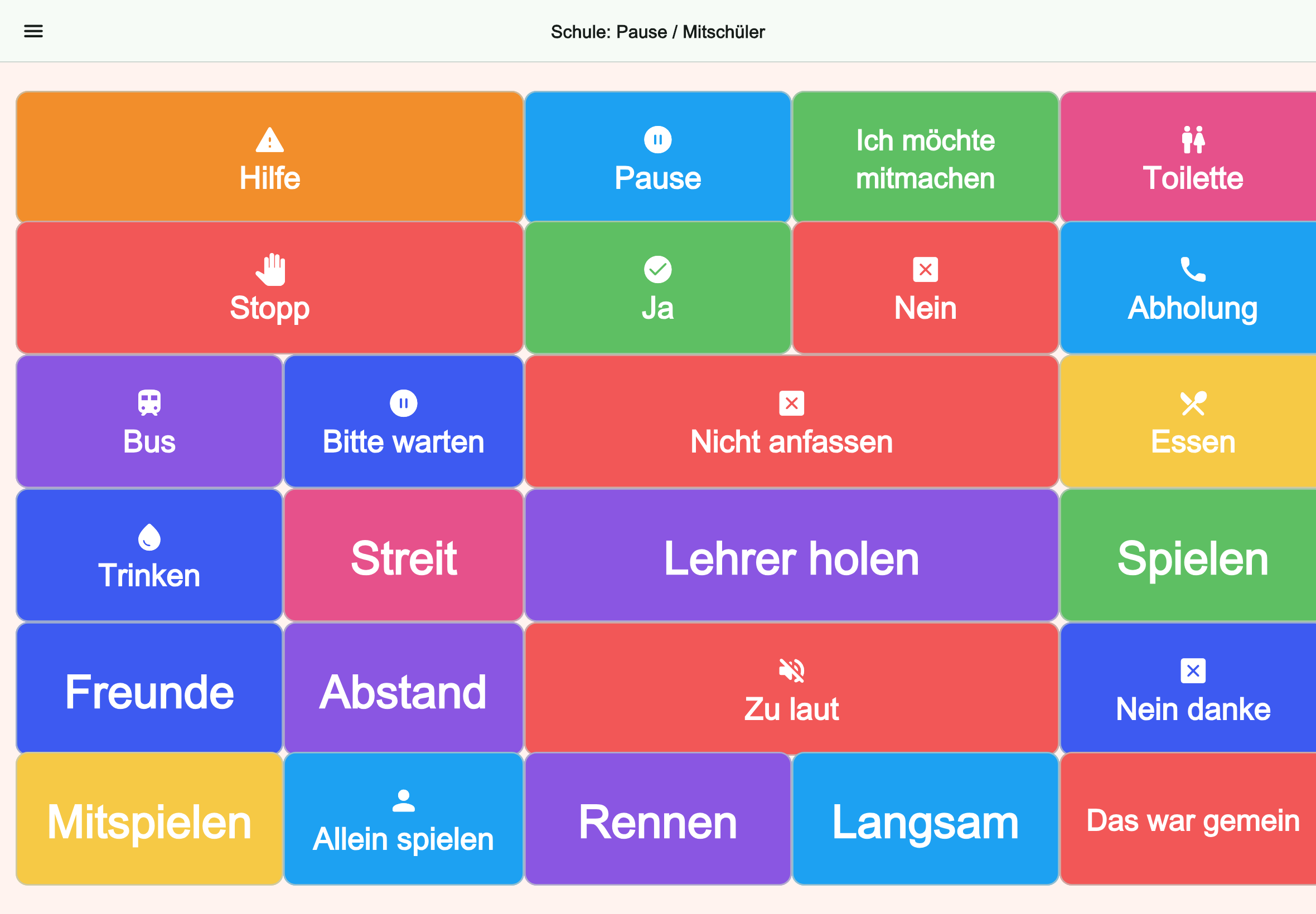 Große Tablet-Vorschau des Boards Schule: Pause / Mitschüler in Talking Buttons