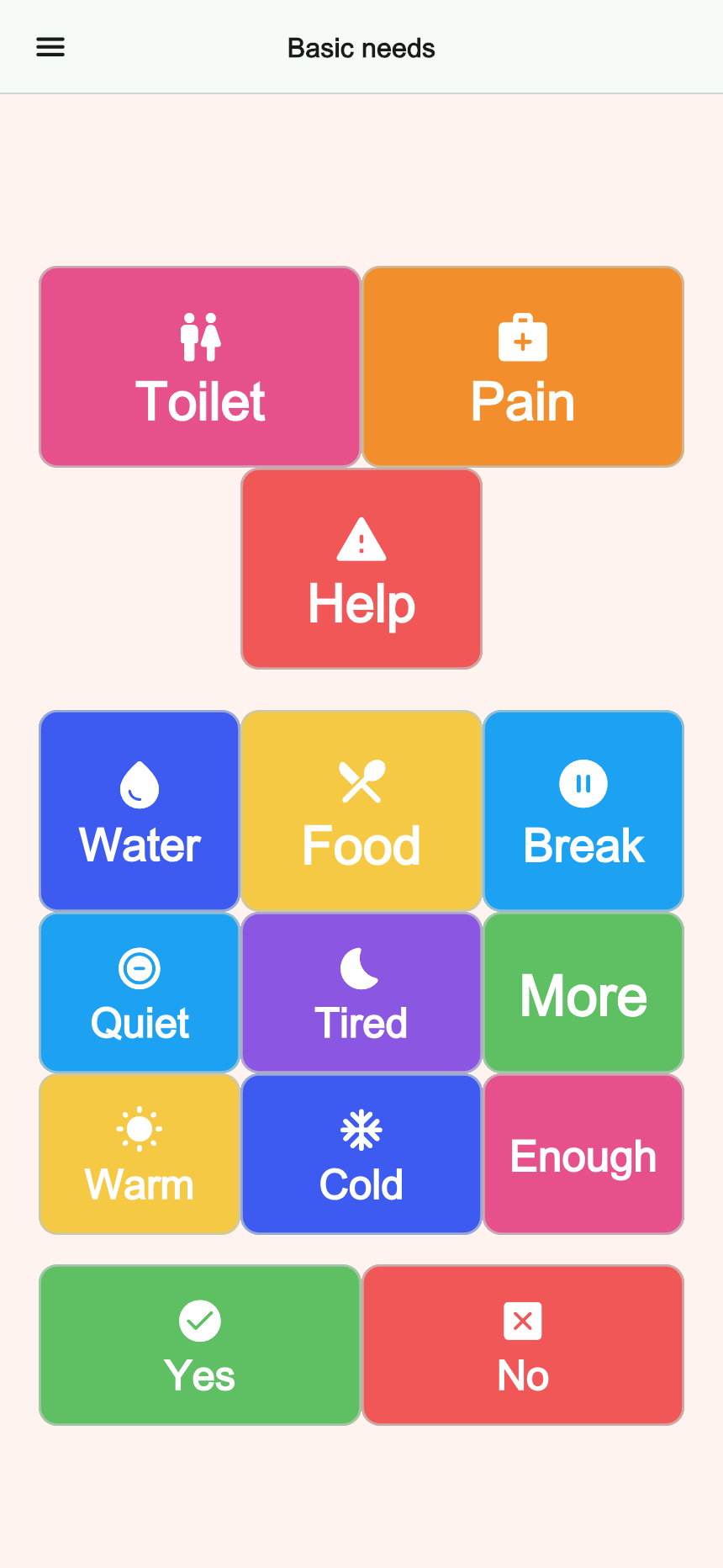 Preview of the Basic needs board in Talking Buttons