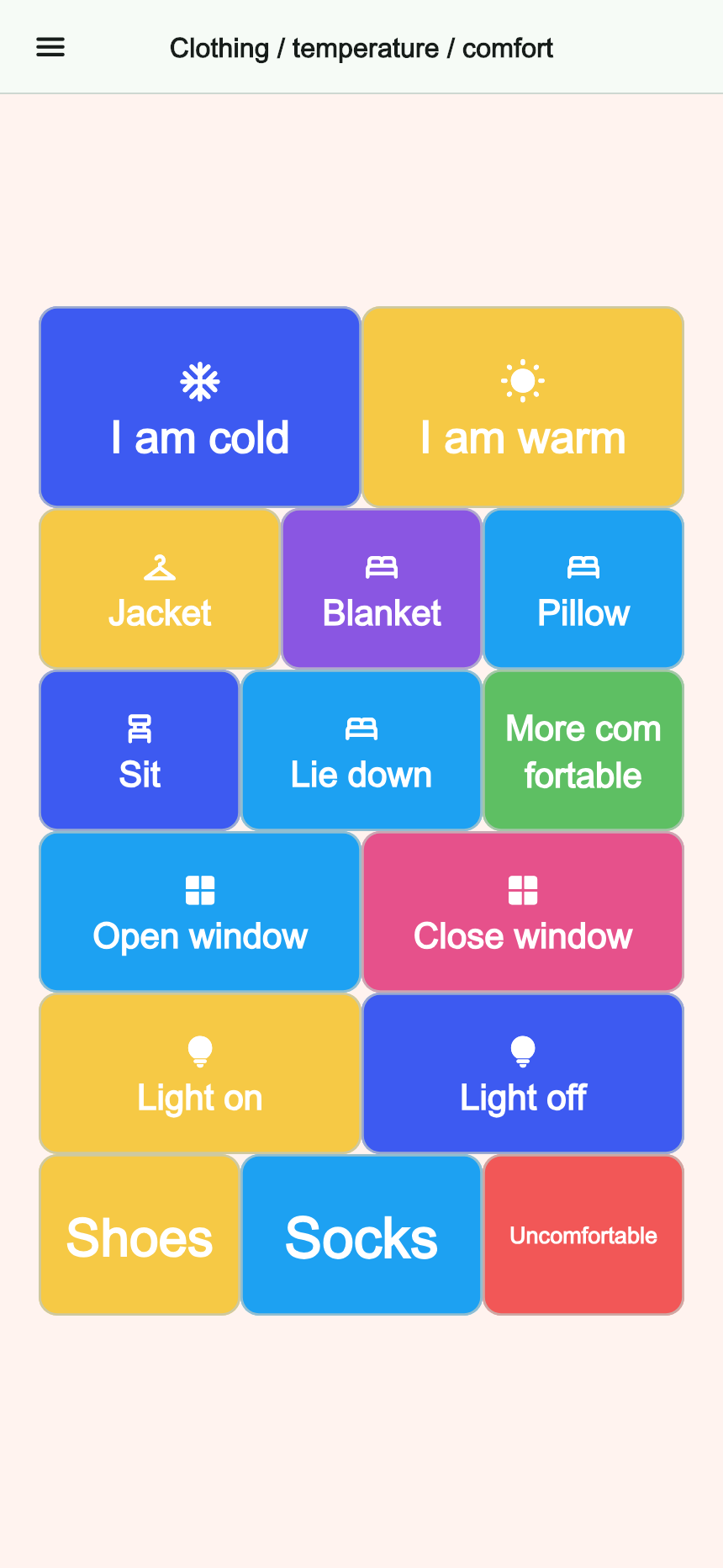 Preview of the Clothing / temperature / comfort board in Talking Buttons