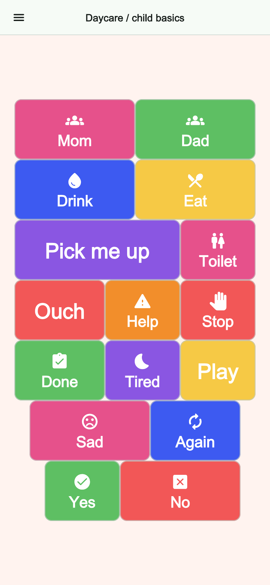 Preview of the Daycare / child basics board in Talking Buttons