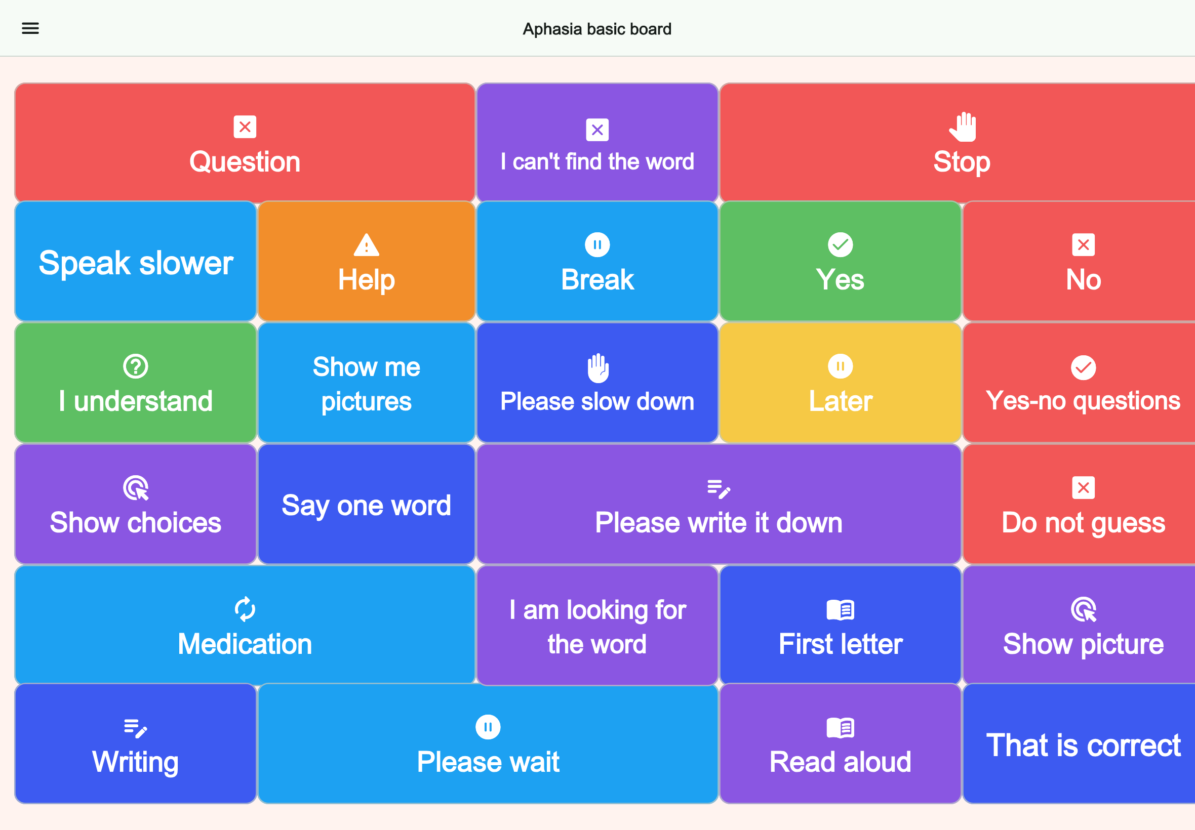 Large tablet preview of the Aphasia basic board board in Talking Buttons