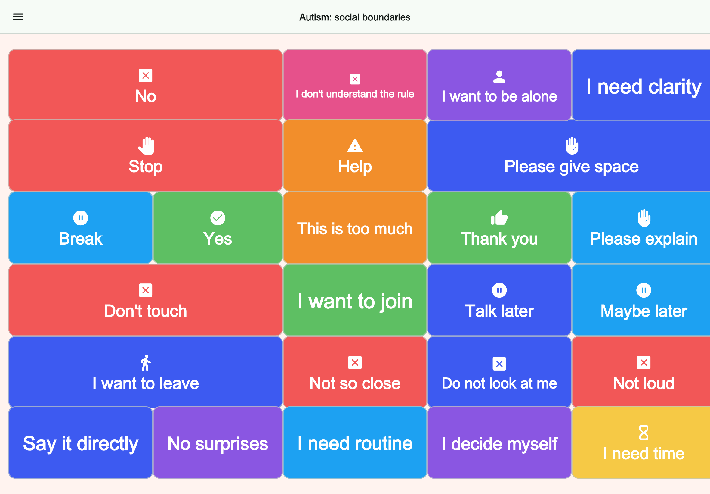 Large tablet preview of the Autism: social boundaries board in Talking Buttons