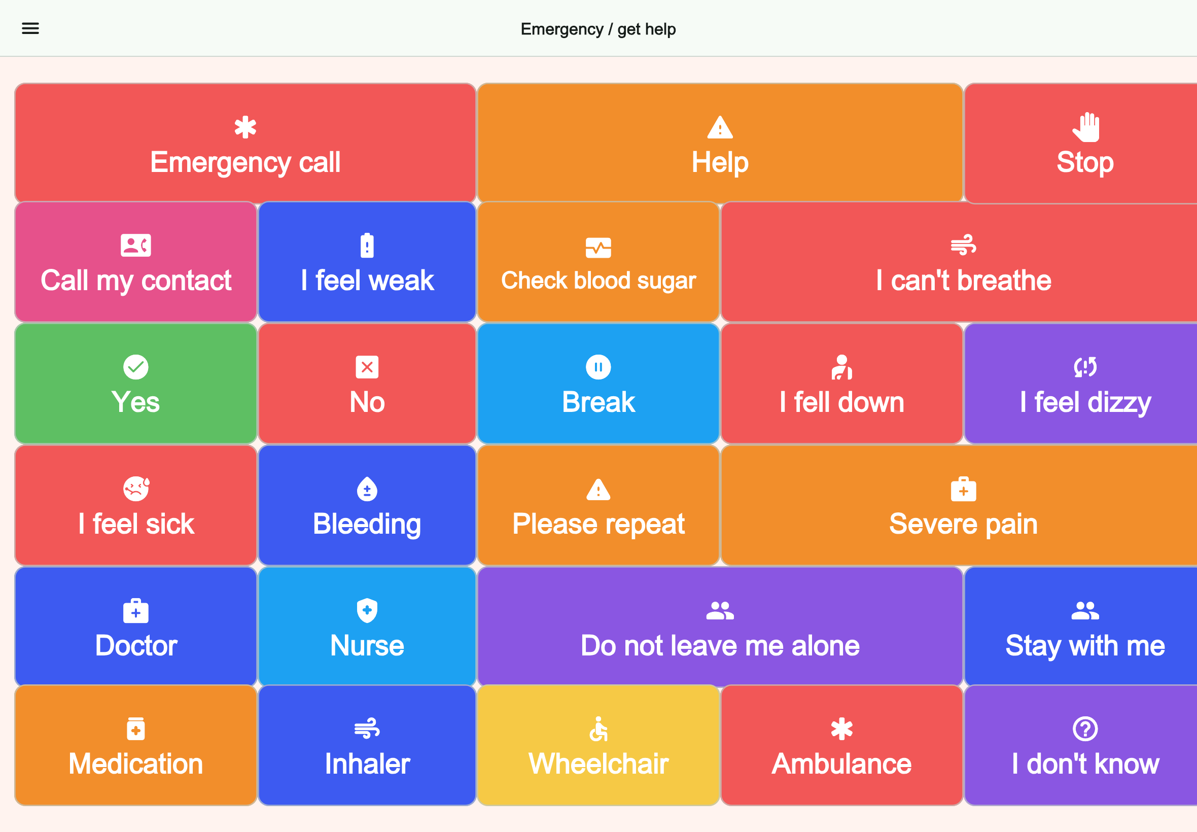 Large tablet preview of the Emergency / get help board in Talking Buttons