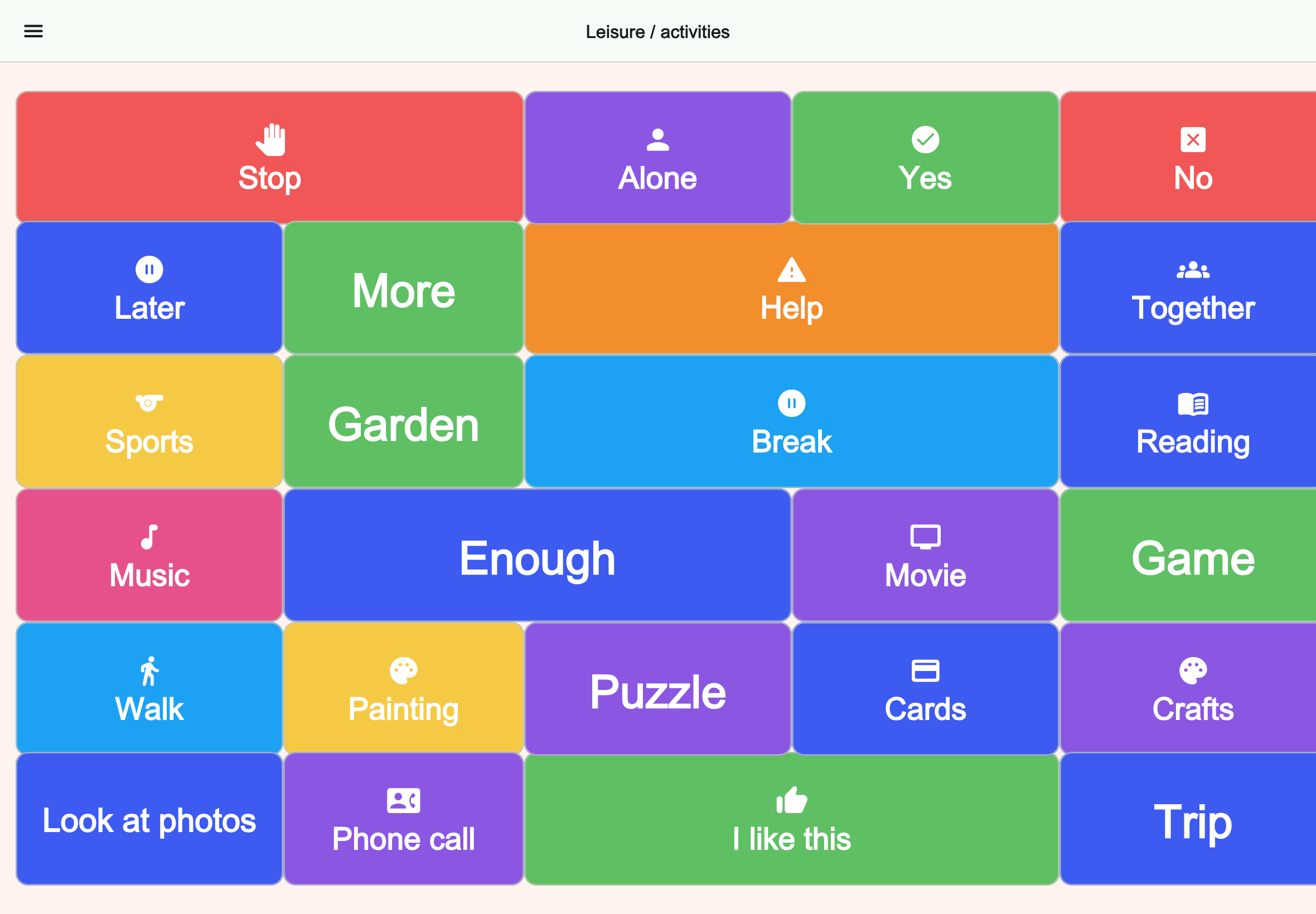 Large tablet preview of the Leisure / activities board in Talking Buttons