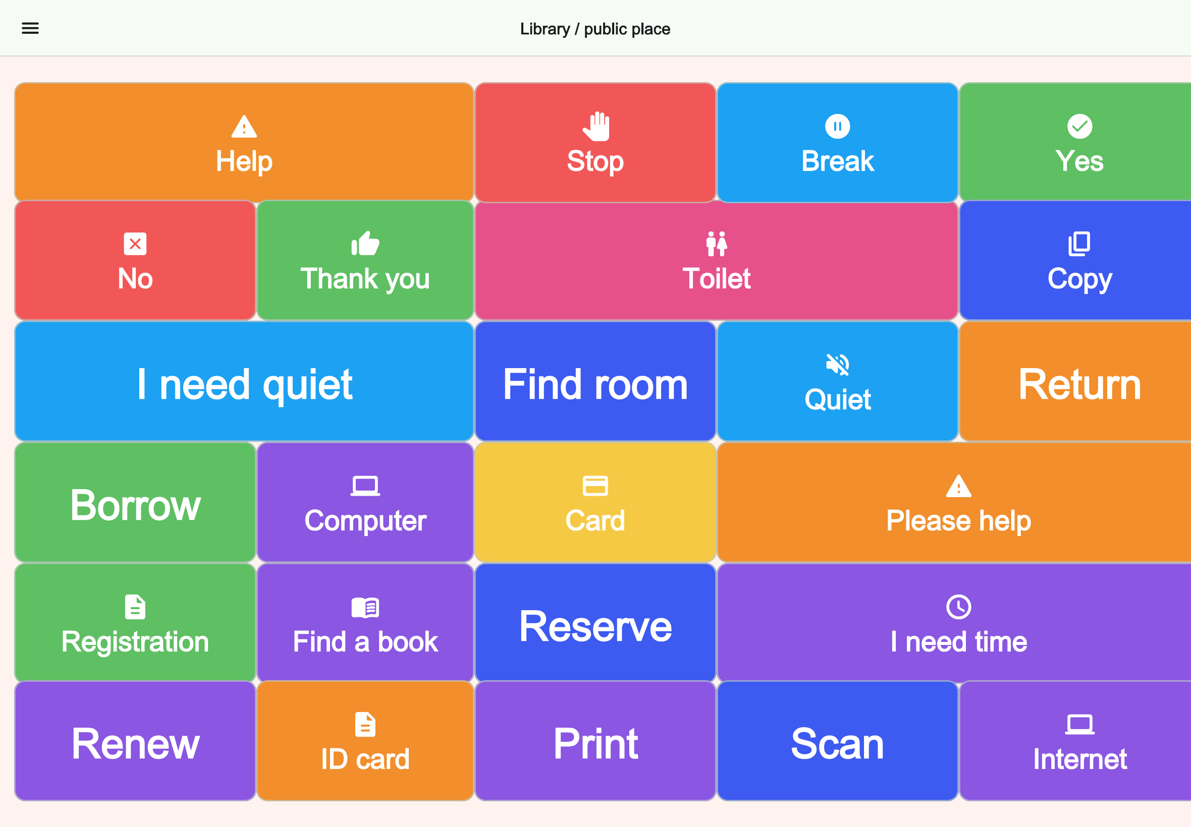 Large tablet preview of the Library / public place board in Talking Buttons