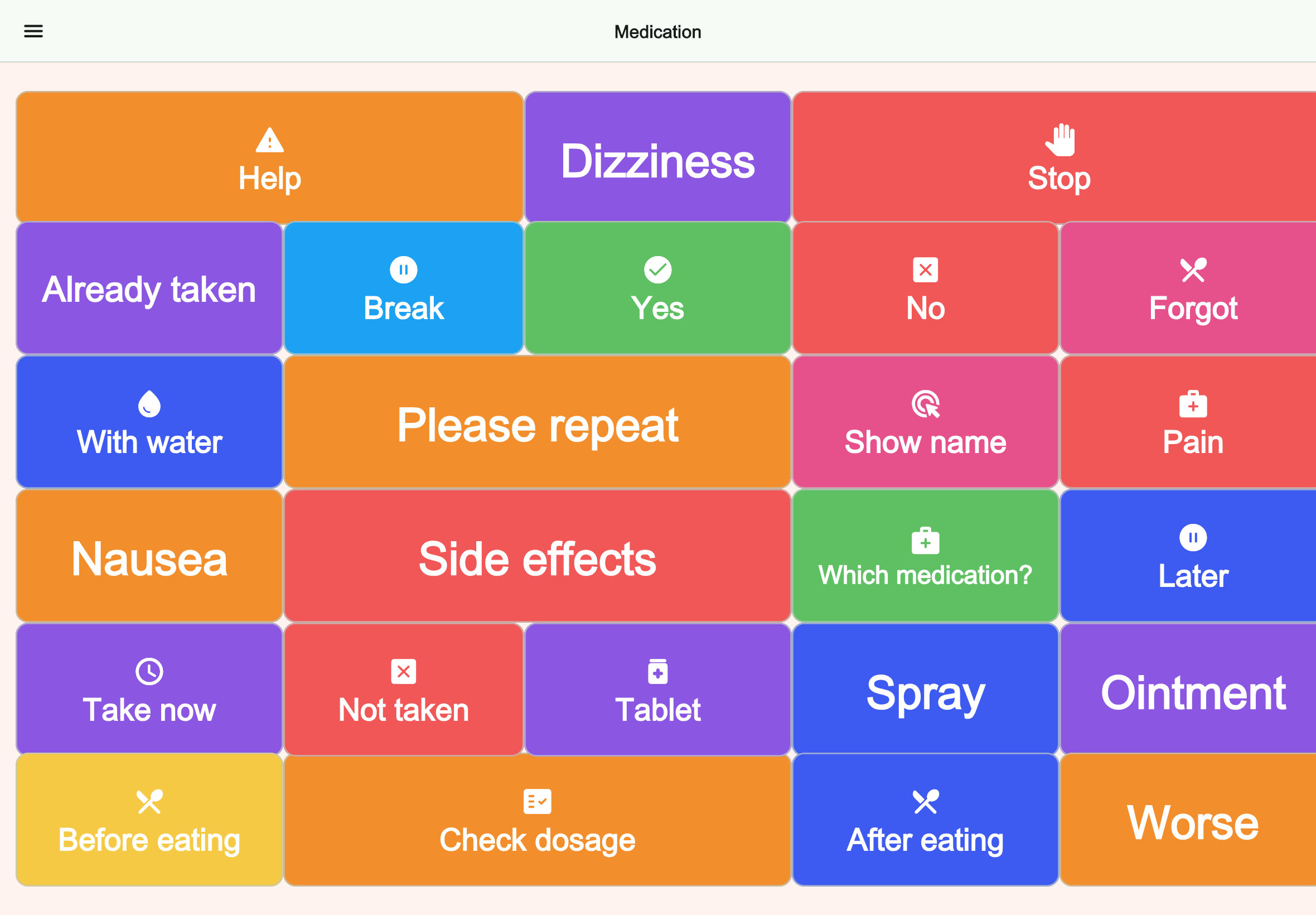 Large tablet preview of the Medication board in Talking Buttons
