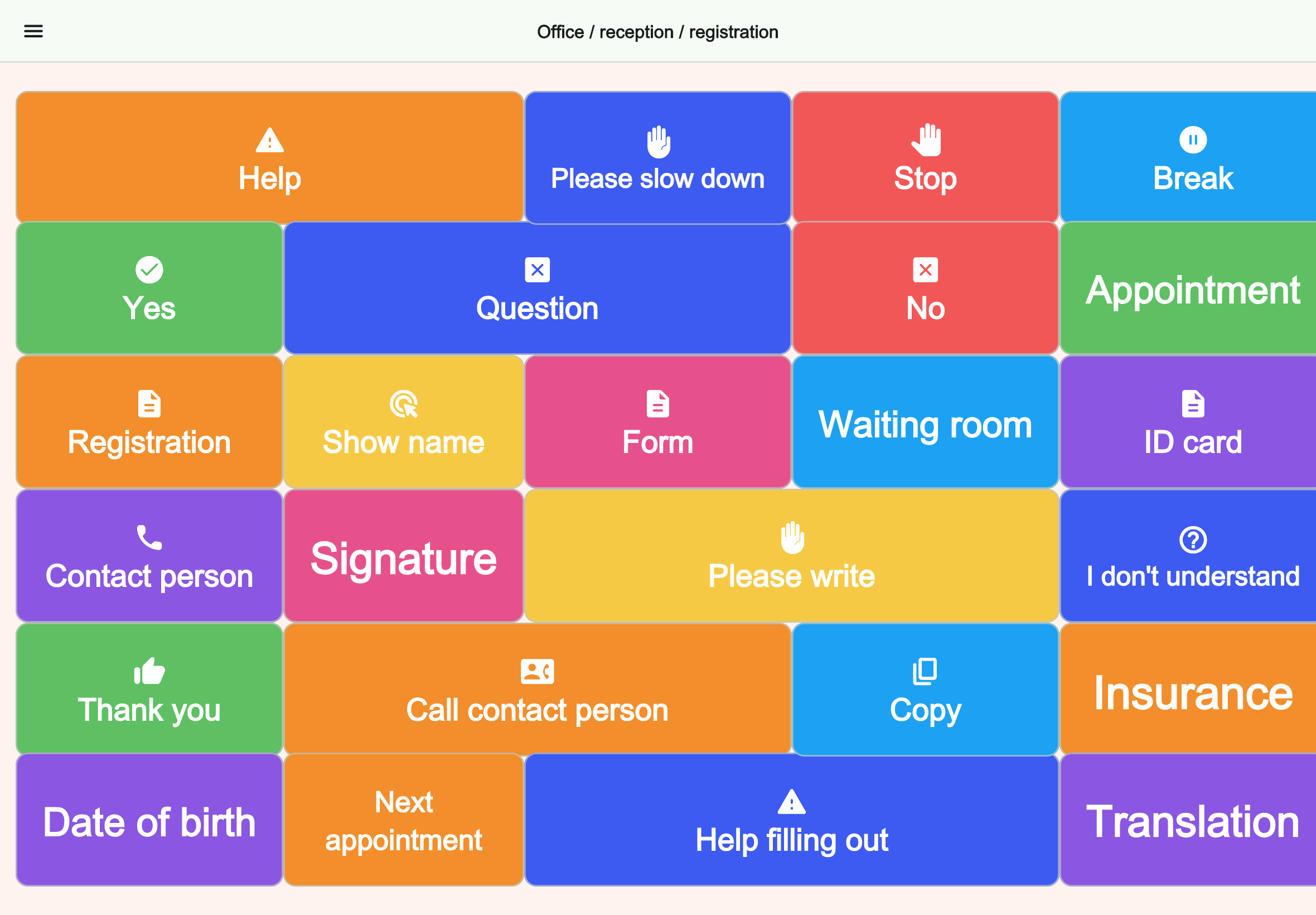 Large tablet preview of the Office / reception / registration board in Talking Buttons