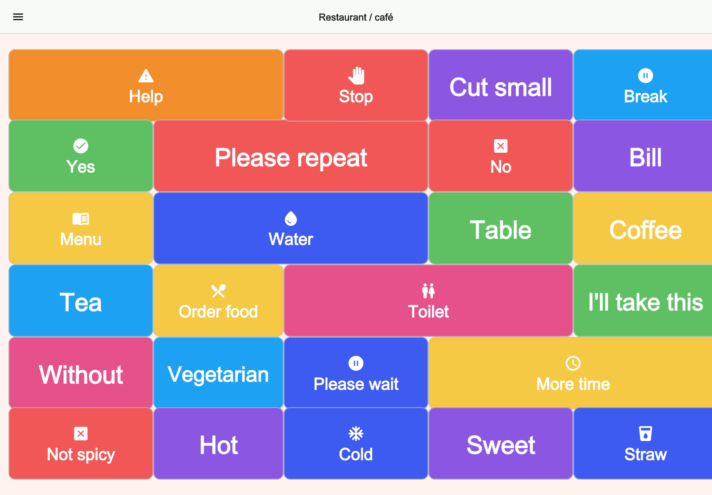 Large tablet preview of the Restaurant / café board in Talking Buttons