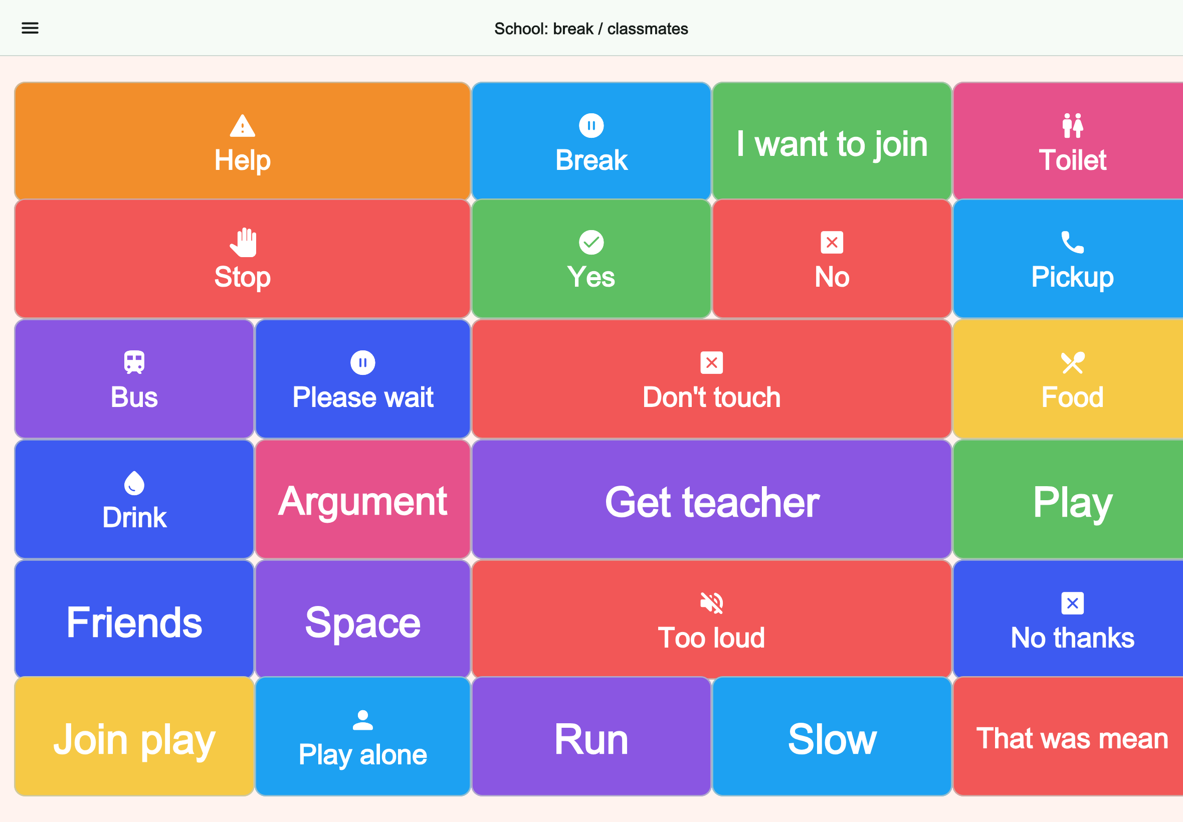 Large tablet preview of the School: break / classmates board in Talking Buttons
