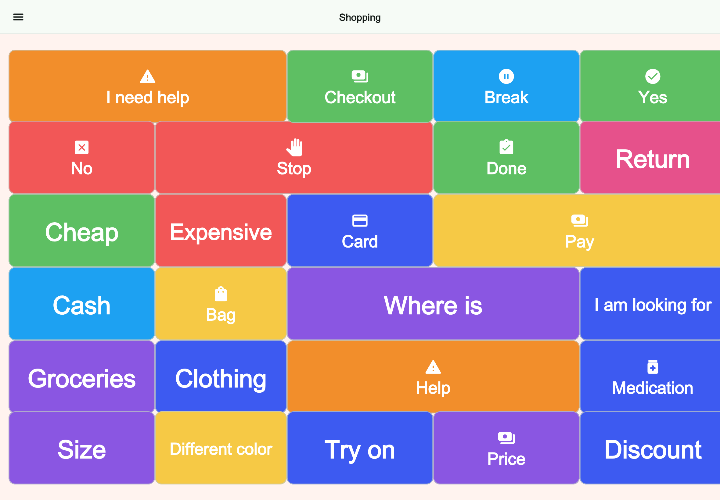 Large tablet preview of the Shopping board in Talking Buttons