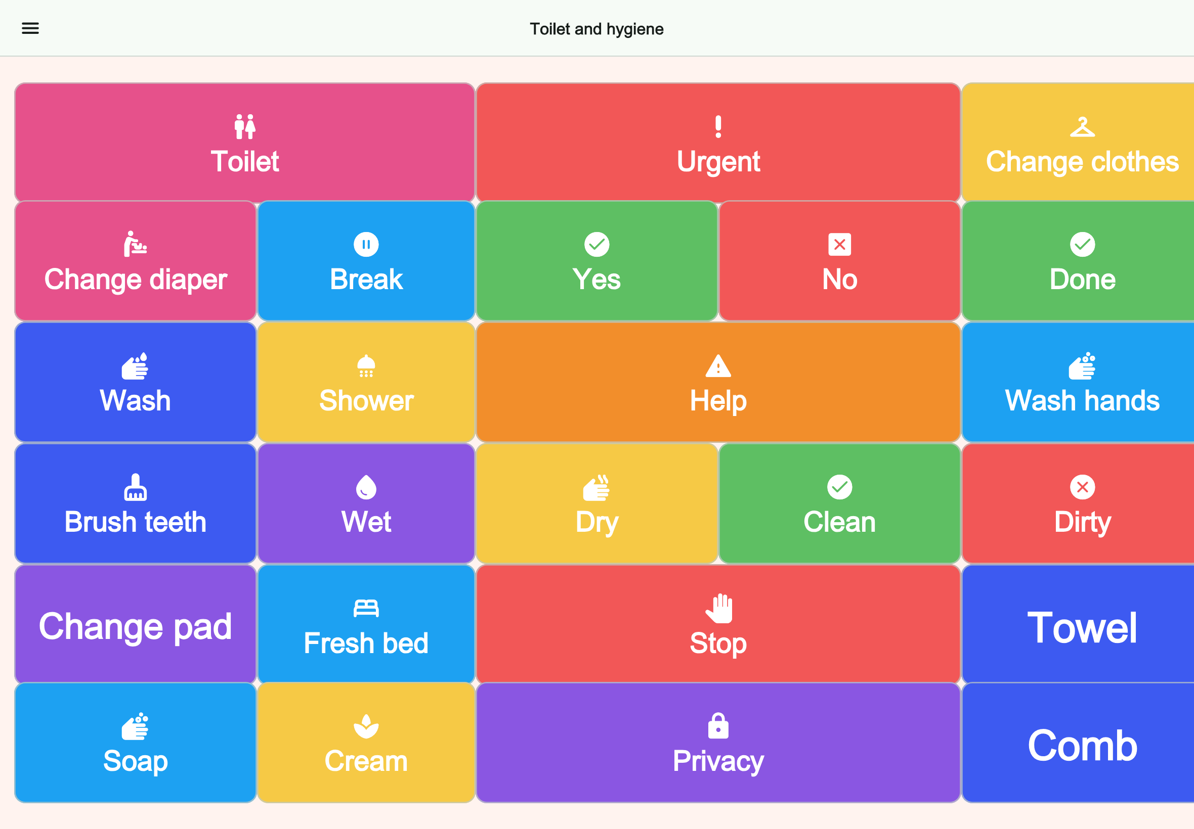 Large tablet preview of the Toilet and hygiene board in Talking Buttons