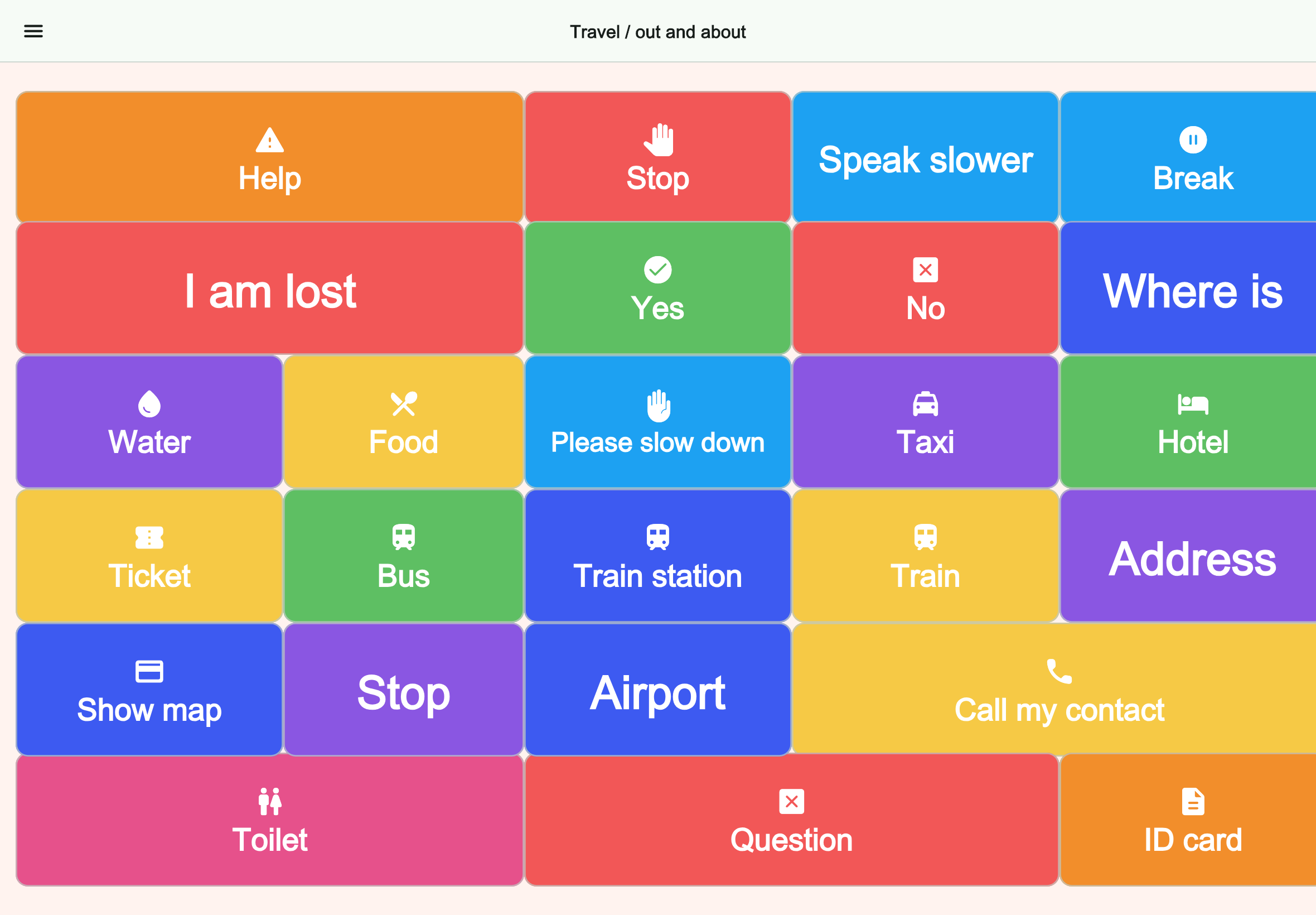 Large tablet preview of the Travel / out and about board in Talking Buttons