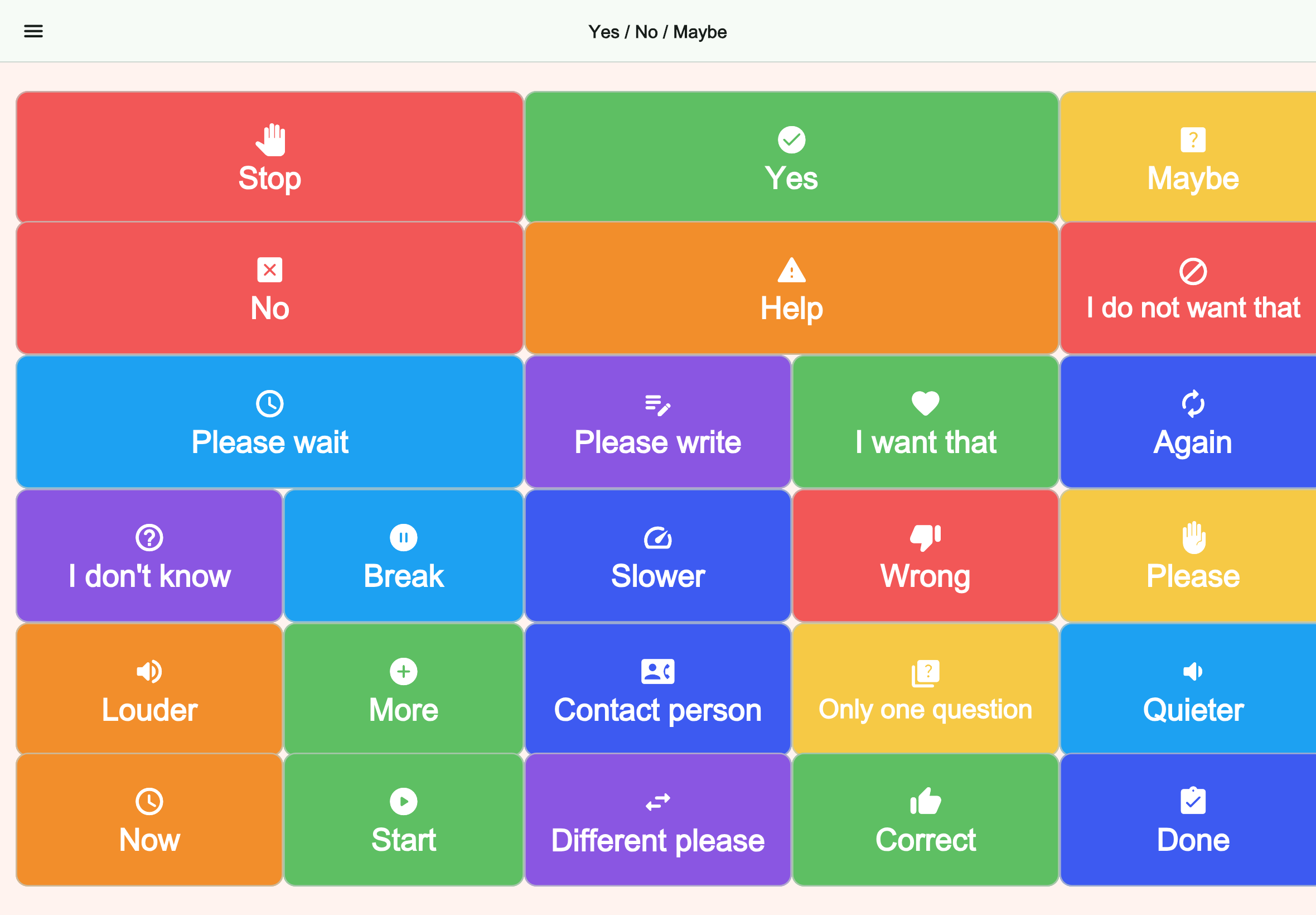Large tablet preview of the Yes / No / Maybe board in Talking Buttons
